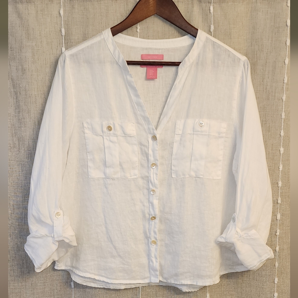 Isaac Mizrahi 100% Linen Button Down Shirt White Size M